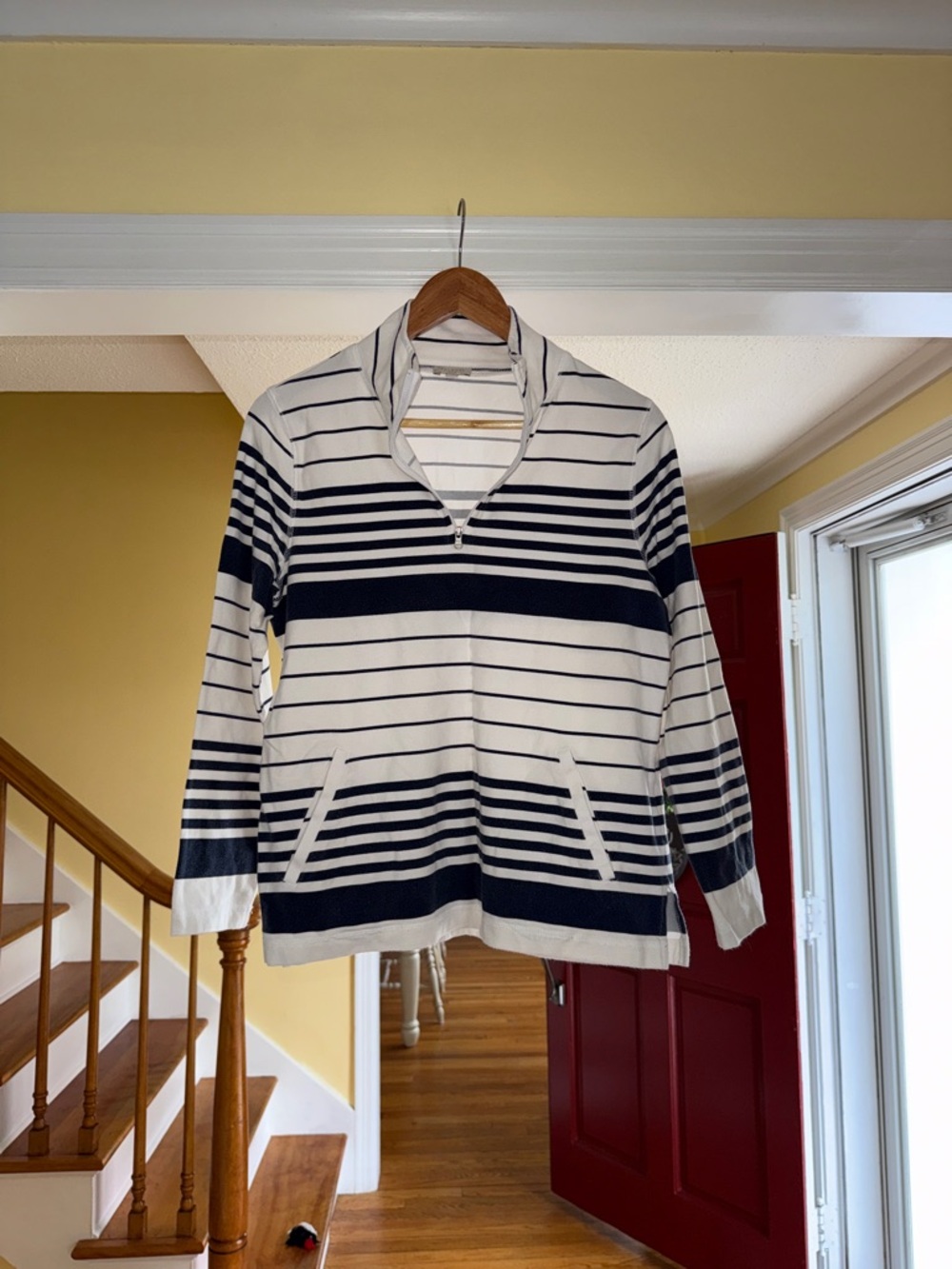 Talbots White and Navy Striped Half-Zip Pullover